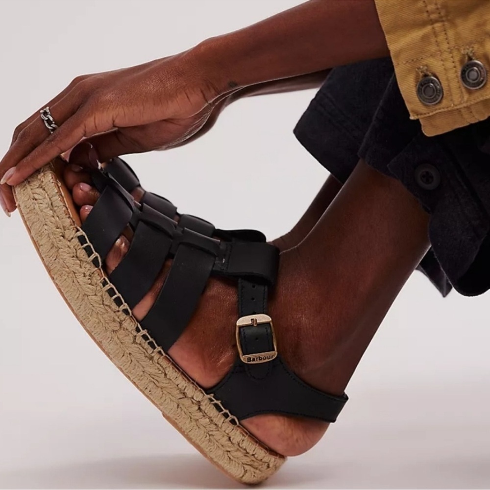 New Barbour Fisherman Leather Platform Sandals Black Tan Womens Size 8